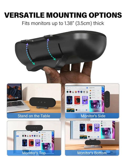 USB Powered Desktop Computer Speakers With 14W Total Output shown attaching to a monitor in multiple positions.