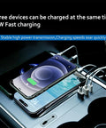 Tesla Model Y Center Console USB Hub Charger With 3 Fast Charging Ports shown charging multiple devices