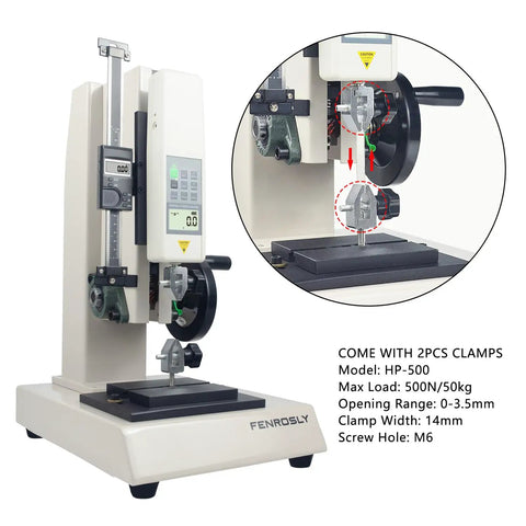Digital Force Gauge 500N Push Pull Gauge With Test Stand USB Data Output For Accurate Bench Top Testing And Measurements Zero Point Five Percent Accuracy 500N Capacity 180 Millimeter Travel, with clamps