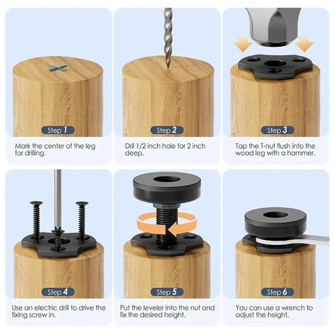 Installation steps for Heavy Duty Beefy Adjustable Leveling Feet Kit 12 Pcs Three Eighths Inch 16 Thread T Nut Levelers.