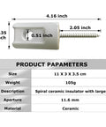 Side view of a porcelain ceramic lag-screw insulator for wood fence posts, 4.16 inch long.