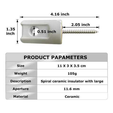 Side view of a porcelain ceramic lag-screw insulator for wood fence posts, 4.16 inch long.