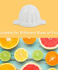 Elite Gourmet Compact Electric Citrus Juicer In White 30 Watt With 16 Oz Capacity For Fresh Orange Lemon Lime Squeezing with citrus fruits.