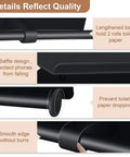 Features of the Double Roll Toilet Paper Holder With Shelf, Matte Black, showing lengthened bar, baffle design, and smooth edge.