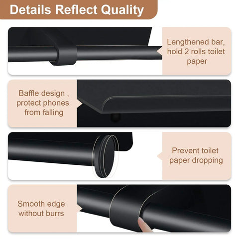 Features of the Double Roll Toilet Paper Holder With Shelf, Matte Black, showing lengthened bar, baffle design, and smooth edge.