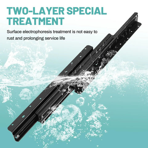 Beefy Heavy Duty Undermount Drawer Slides 16 Inch Full Extension Bottom Mounted Hidden Rails 260lb shown with water resistance