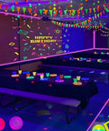 80Ft Black Light Strip With Remote, 1440 LEDs, Flexible 12V Glow Party Blacklights illuminating a decorated party room