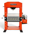 Heavy Duty 150 Ton Industrial Electric Shop Press featuring dual hydraulic cylinders, orange frame, suitable for metal stamping and bearing removal.