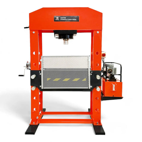 Heavy Duty 150 Ton Industrial Electric Shop Press featuring dual hydraulic cylinders, orange frame, suitable for metal stamping and bearing removal.