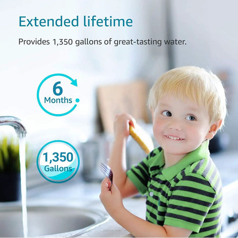 Child smiling at kitchen sink, representing Under Sink Water Filter Replacement For GE FQK1K And FQK2J, compatible with 1350 gallons capacity.