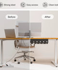 Before and after desk setup with Under Desk Cable Management Tray Set Of 2 With 10 Cable Ties, showing tidy cable organization.