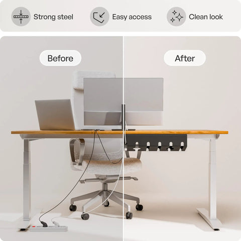 Before and after desk setup with Under Desk Cable Management Tray Set Of 2 With 10 Cable Ties, showing tidy cable organization.