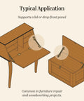 Illustration showing 6 Inch Adjustable Friction Lid Stay With Knob For Easy Positioning Right Or Left Hand Lid Support Hinge For Antique Furniture Steel Unichrome Finish Includes Mounting Screws installed on wooden furniture.