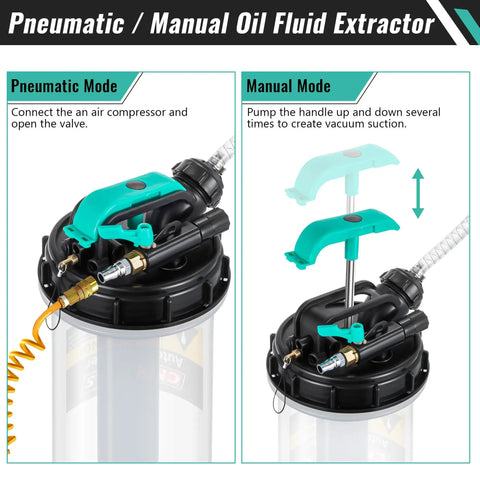 2.5 Gallon Oil Extractor Pump For Cars And Boats - Manual And Automatic Vacuum Extraction system showing pneumatic and manual modes