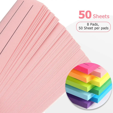 Colorful 3x4 Inch Lined Sticky Notes Pack With Nine Pads And Fifty Sheets Each showing pink sheets and circle of nine colors.