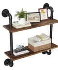 Heavy Duty Double Tier Industrial Pipe Wall Shelves With Genuine Rustic Wood displaying books, a plant, and a decorative motorcycle.