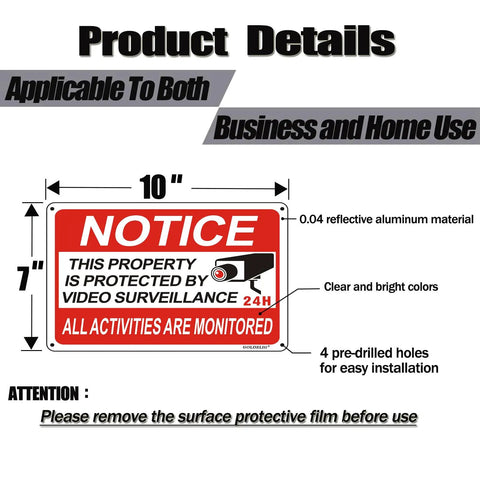 2 Pack 10x7 Inch Reflective Aluminum Video Surveillance Sign Keep Intruders Away, Weatherproof And UV Protected, Waterproof Deterrent For Homes And Businesses, 24 Hour Security Reminder, High Visibility Industrial Grade Sign, red notice sign with 4 holes
