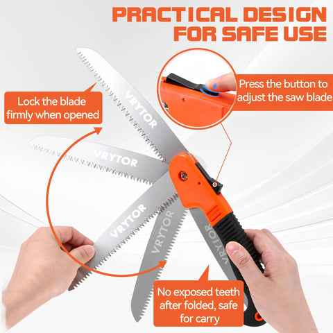Heavy Duty 7 Inch Folding Pruning Saw With Safety Hand Guard adjusting the blade for safe use and folding design.