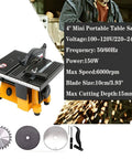 Compact 4 Inch Mini Table Saw For DIY Hobbyists Portable Cutting Tool with three blades shown, ideal for various materials.
