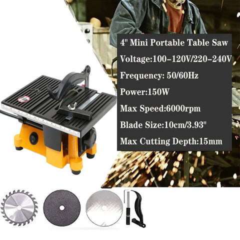 Compact 4 Inch Mini Table Saw For DIY Hobbyists Portable Cutting Tool with three blades shown, ideal for various materials.