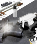 3-In-1 Gun Oil CLP Kit With 16 Oz Mist Spray And 1 Oz Needle Oiler, Odorless Safe Lubricant Cleaner That Polishes, Protects Against Wear, Reduces Friction, And Keeps Your Gear Ready For Range Day. Spray bottle cleaning a handgun with gun cleaning tools