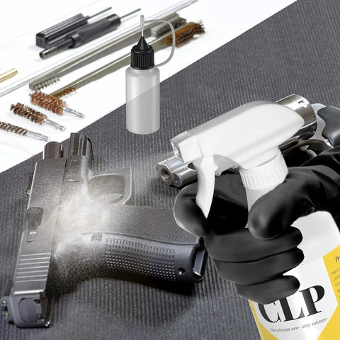 3-In-1 Gun Oil CLP Kit With 16 Oz Mist Spray And 1 Oz Needle Oiler, Odorless Safe Lubricant Cleaner That Polishes, Protects Against Wear, Reduces Friction, And Keeps Your Gear Ready For Range Day. Spray bottle cleaning a handgun with gun cleaning tools
