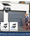 Kickass 4G Outdoor Security Camera With Triple Lens Setup And Smart Panoramic Tracking Solar Driven For Nonstop Yard Patrols No Wifi Bills Just Pop A Sim Card And Get It Done with solar panel and person walking.