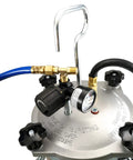 Top view of Stainless Steel 2.5 Gallon Pro Grade Pressure Paint Tank Spray Pot With Clamp On Lid featuring gauges and hoses.