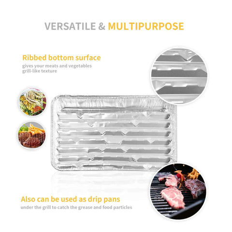 Image of 40 Pack Disposable Aluminum Broiler Pans, 13.38 by 8.81 by 1.06 Inches, showing ribbed bottom surface for grill-like texture.