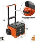 Modbox Three Drawer Rolling Toolbox With Ball Bearing Slides highlighting dimensions and removable handle.