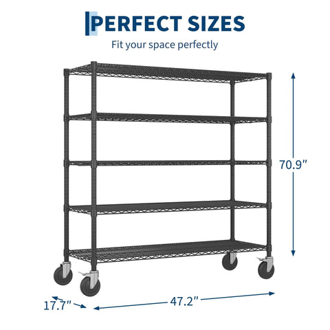 Heavy Duty Rolling Wire Shelving Cart With Five Adjustable Steel Shelves And Locking Swivel Wheels And Hella Solid 640 Lbs Per Tier Build For Garage Pantry Or Basement Storage, dimensions shown.