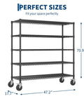Rock Solid Heavy Duty 5 Tier Wire Shelving Rack On Rolling Casters With 3250 Lb Load Capacity For Garage Storage And Workshop Equipment Organization Adjustable Height Industrial Grade Carbon Steel Build Multi Purpose Storage Solution measuring 70.9 x 47.2 x 17.7 inches.