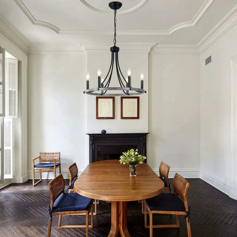 Farmhouse Wagon Wheel Chandelier With 6 Rustic Edison Style Lights Round Pendant Ceiling Light Fixture in dining room