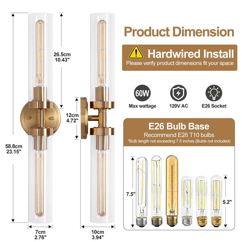 2-Light Gold Wall Sconces, Modern Bathroom Vanity Light with Glass Shades dimensions and specifications.