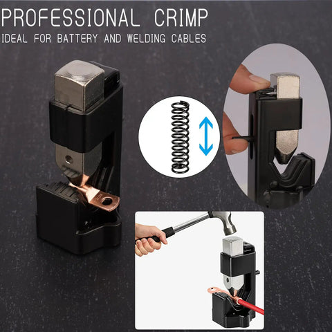 Pro Grade Lug Crimper Kit For Welding Battery Cables And Wire Terminals Heavy Duty Crimp Tool Set shown in use with hammer