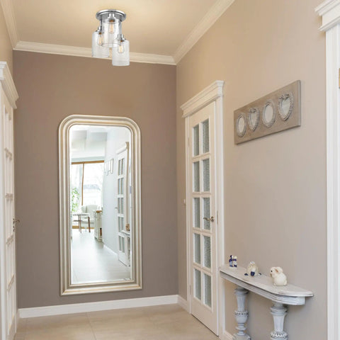 Three Light Semi Flush Mount Ceiling Light With Brushed Steel Finish And Clear Glass Shades E26 Socket Front Porch Lighting Fully Dimmable Bulb Not Included Industrial Modern Vibe installed in hallway.