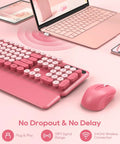 Hot Pink Typewriter Style Wireless Keyboard And Mouse Combo With Round Keycaps, Retro Candy Color, Full Size Ergonomic Set
