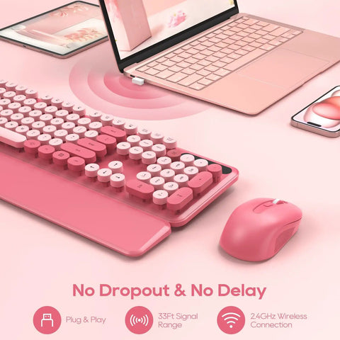 Hot Pink Typewriter Style Wireless Keyboard And Mouse Combo With Round Keycaps, Retro Candy Color, Full Size Ergonomic Set
