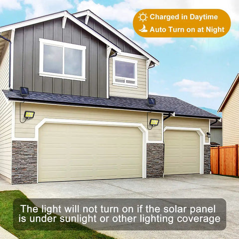 Powerful Solar Outdoor Lights With Motion Sensor And 240 Bright COB LEDs on garage, showing automatic on/off feature