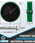 Heavy Duty Industrial Caster Wheels 8 By 2 Inches Green Polyurethane, side and front view with bolt dimensions