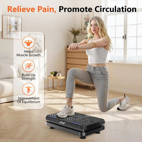 Woman using Vibration Plate Fitness Platform for full body workout in home gym setting for weight loss and muscle activation