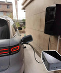 Real Deal Ev Charging Station Wall Cover With Beefy Dual Lock Security And Snug Cord Routing To Keep Your Electric Vehicle Setup Safe From Thieves And Bad Weather Conditions mounted on wall next to an electric car charging.