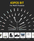 43 Piece Screwdriver Bit Set With S2 Steel, Quarter Inch Hex, 25mm And 75mm Bits, 48mm Socket, Extension, Aluminum Case