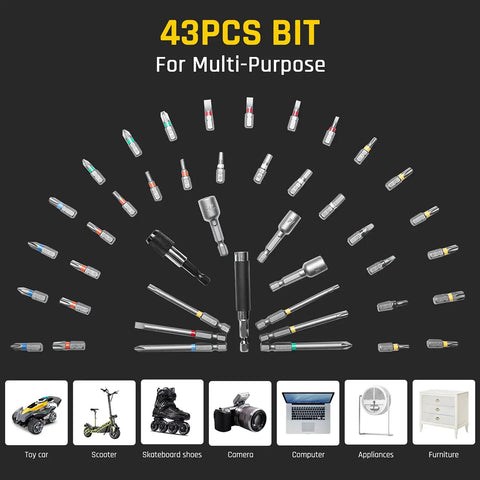 43 Piece Screwdriver Bit Set With S2 Steel, Quarter Inch Hex, 25mm And 75mm Bits, 48mm Socket, Extension, Aluminum Case