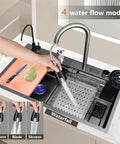 Stainless steel kitchen sink 76 x 50 cm 360° swivel faucet black cutting board included combining durability and style perfect for modern kitchens with water flow modes.