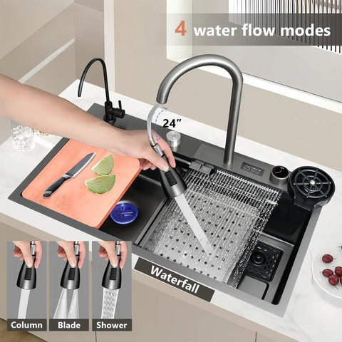 Stainless steel kitchen sink 76 x 50 cm 360° swivel faucet black cutting board included combining durability and style perfect for modern kitchens with water flow modes.