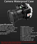 Camera Waterproof Case with lens compatibility details and specifications.