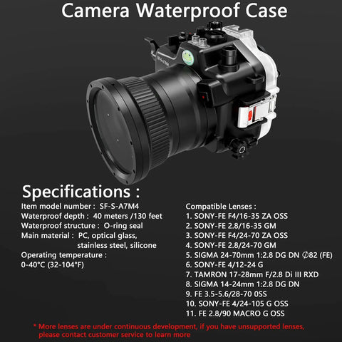 Camera Waterproof Case with lens compatibility details and specifications.