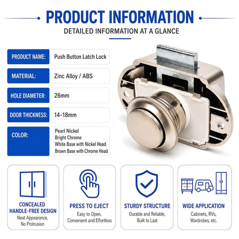 Premium Zinc Alloy Push Button Cabinet Latches For Rv Cupboard And Van Storage 5 Pack detailed product information with dimensions and materials.
