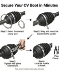 Universal Adjustable Stainless Steel CV Boot Clamp Kit 12 Piece Set installation steps for securing CV boots, showing clamp usage and tools.